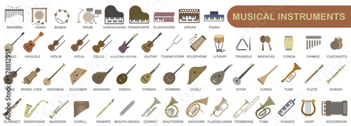 A simple set of colored musical instruments. Images of various musical instruments with titles.