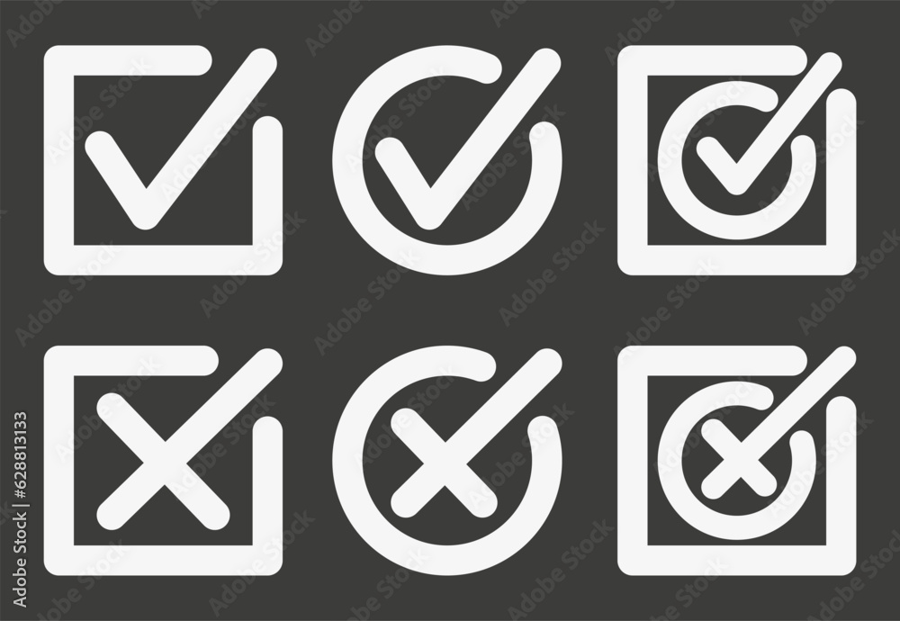 The marks are white in squares and circles. Yes or no, vote yes or no. Vector illustration on a black background. The marks are white in squares and circles. Yes or no, vote yes or no. Vector illustration on a black background.