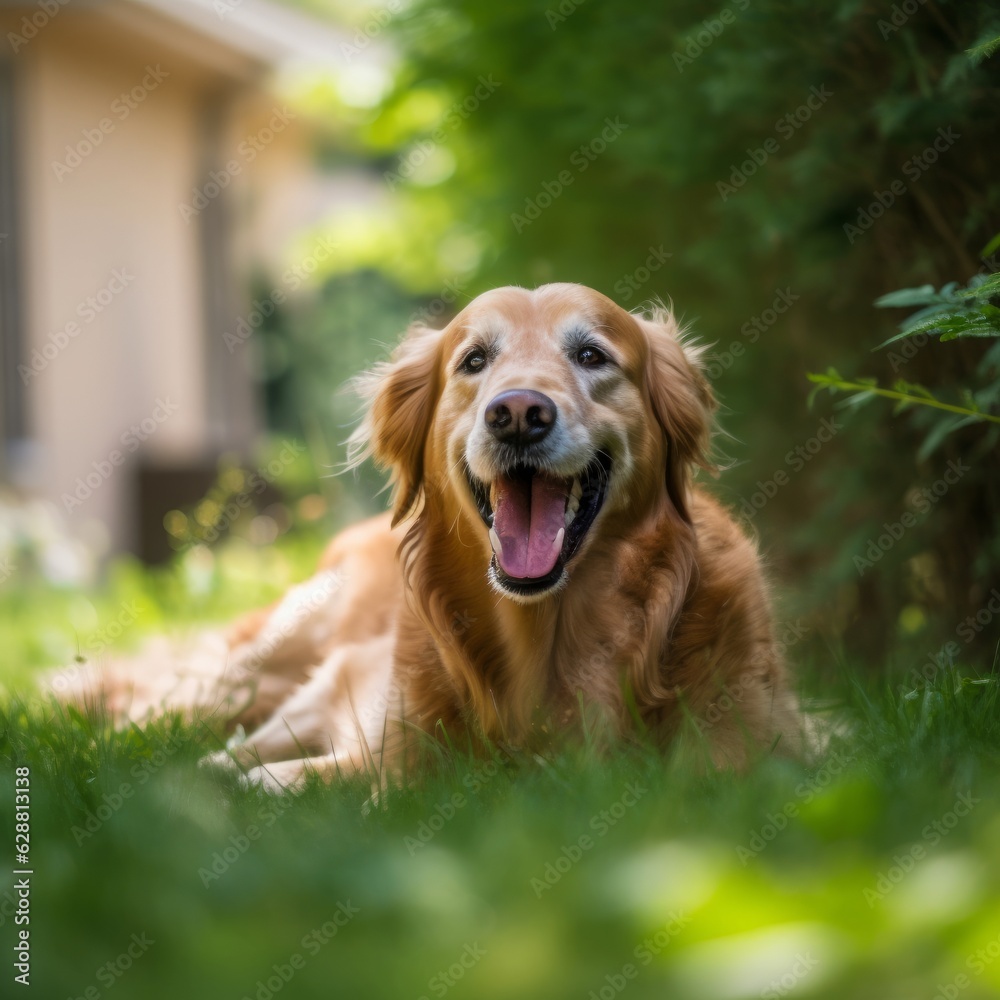 happy summer furry dog in a bright summer neighborhood yard portrait happy summer furry dog in a bright summer neighborhood yard portrait
