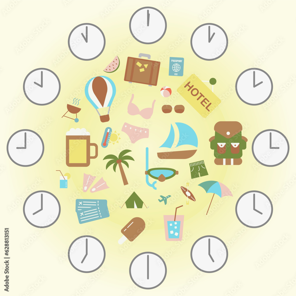 Summer time, sea and beach with things. Summer holiday icons. Vector graphics.