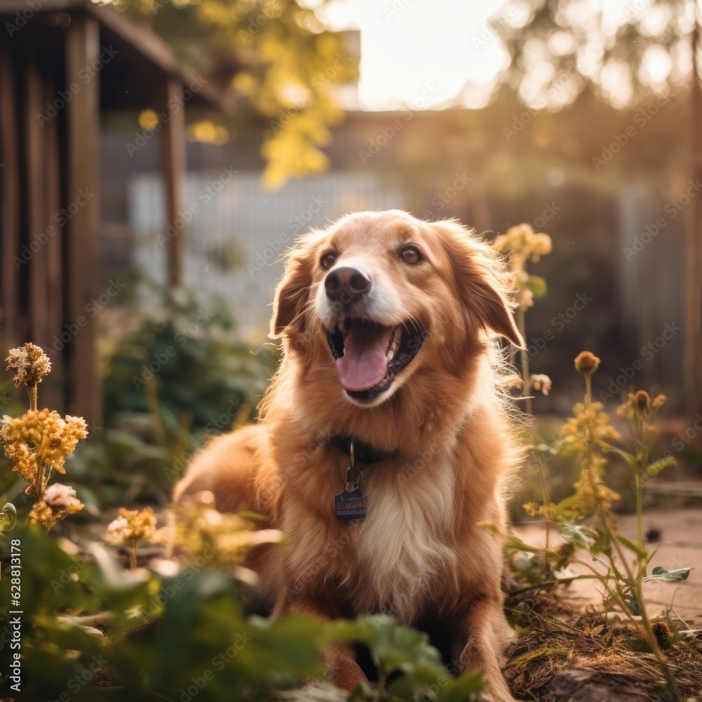 happy summer furry dog in a bright summer neighborhood yard portrait