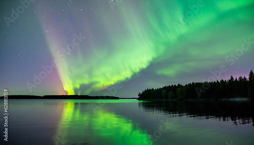 Aurora Background, Green and Purple Northern lights (Aurora borealis) in the sky over Tromso, panorama with northern light in night starry sky against mountain and lake reflection on the water surface