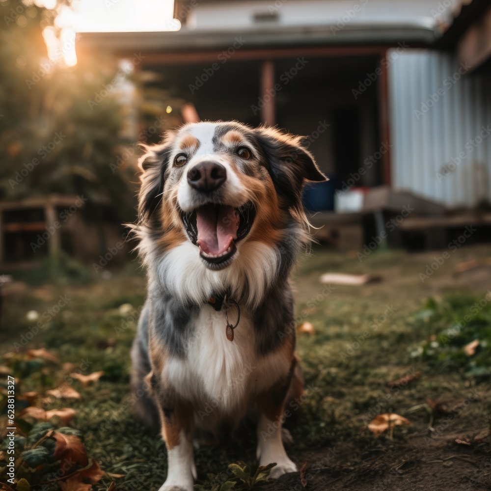 happy summer furry dog in a bright summer neighborhood yard portrait