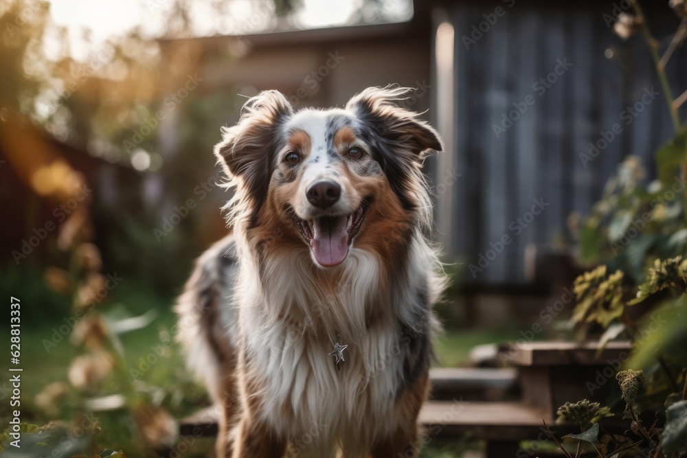 happy summer furry dog in a bright summer neighborhood yard portrait happy summer furry dog in a bright summer neighborhood yard portrait