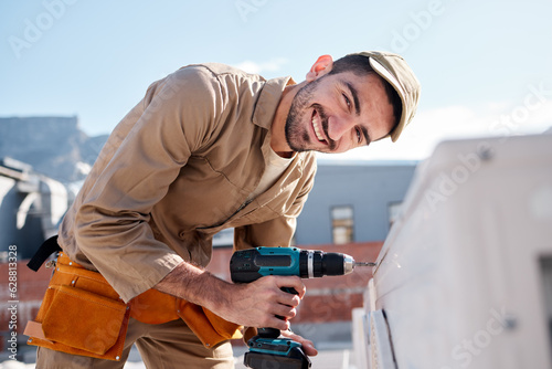 Engineer man, roof and portrait for air conditioning maintenance, smile or building in city for construction job. AC repair, hvac tech and happy technician with drill, tools or industry in Cape Town