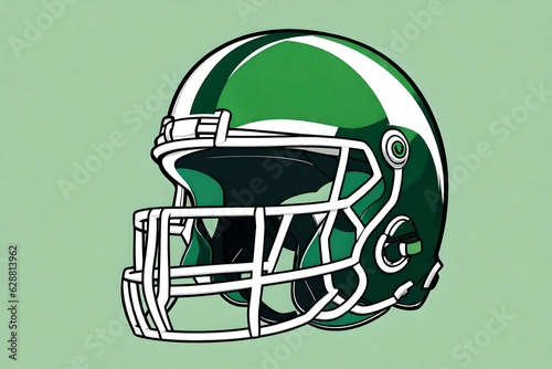 an illustration of an isolated football helmet graphic. clean lines. flat colors. The colors of the helmet are green and white.