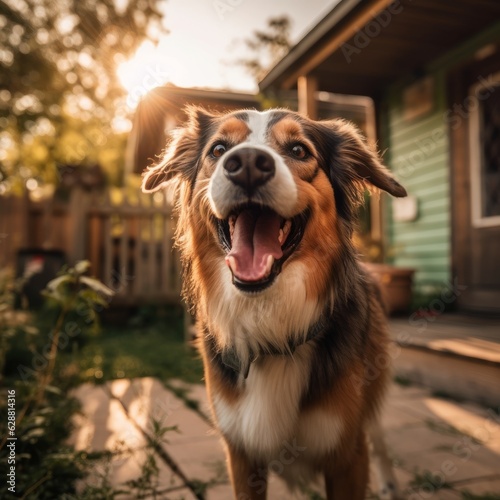 portrait of a happy panting dog in a summer suburban yard