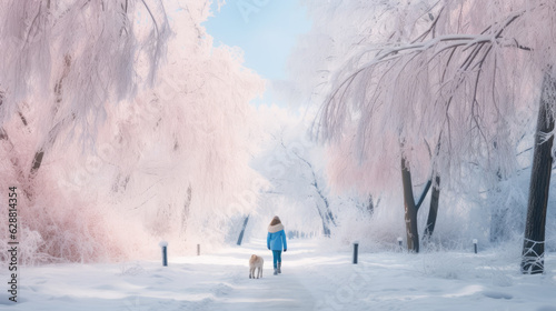 Dog and human beautiful nature landscape background in winter covered with light pink trees. Generative ai