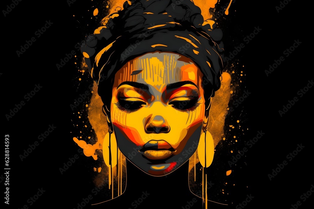 Portrait of beautiful african american woman. Vector art, abstract painting isolated on black. Black lives matter, BLM poster created with Generative AI technology Portrait of beautiful african american woman. Vector art, abstract painting isolated on black. Black lives matter, BLM poster created with Generative AI technology