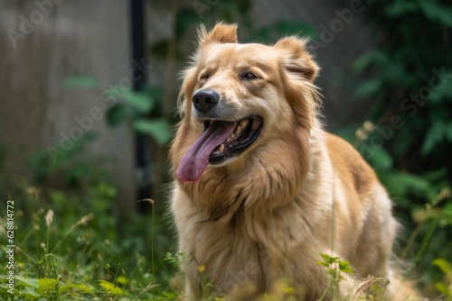 portrait of a happy family dog outside in a summer suburban yard in the summer