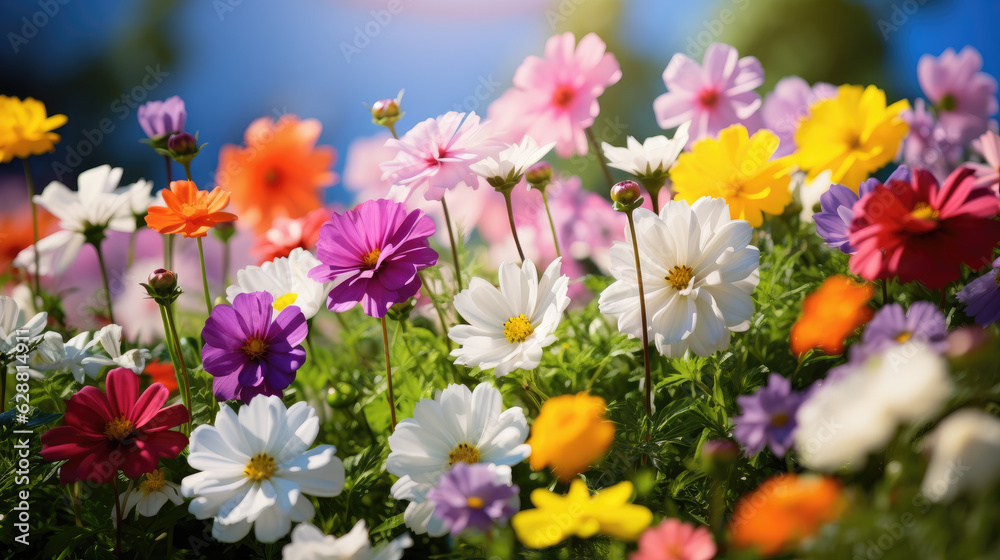 Colorful beautiful multicolored flowers, Zinnia spring summer background. Generative ai