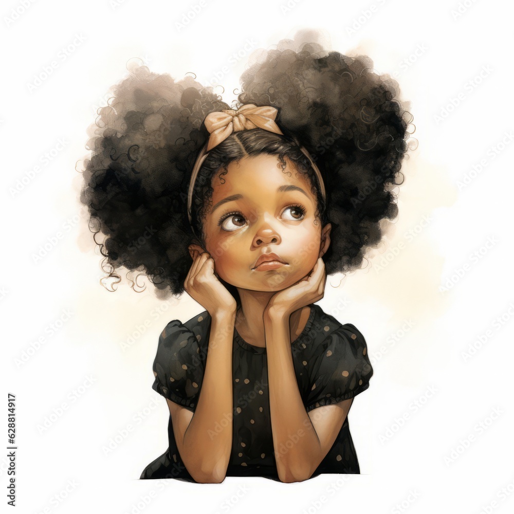 Black girl in thinking and doubts pose cartoon illustration. Young female character with dreamy face on abstract background. Ai generated bright cartoonish poster.