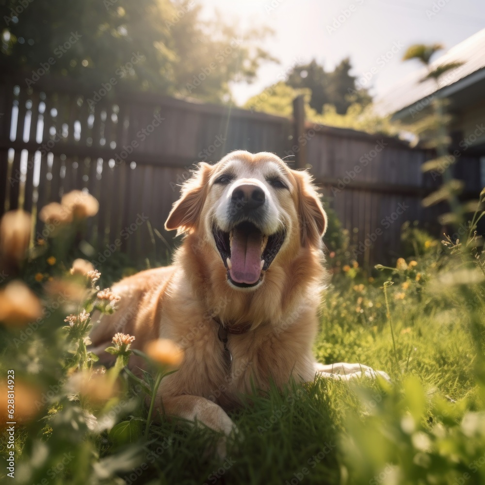 Obraz premium Portrait of a Happy Summer Dog in a Suburban Yard
