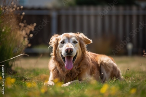 portrait of a happy family dog outside in a summer suburban yard in the summer