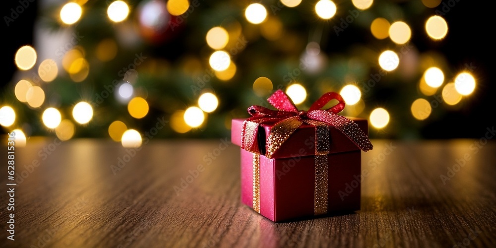 A gift box on the wooden table with a Christmas background, blurry light and bokeh, empty space for placing text. A gift box on the wooden table with a Christmas background, blurry light and bokeh, empty space for placing text.