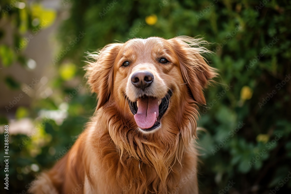 summer suburban portrait of a happy dog outside in a neighborhood yard