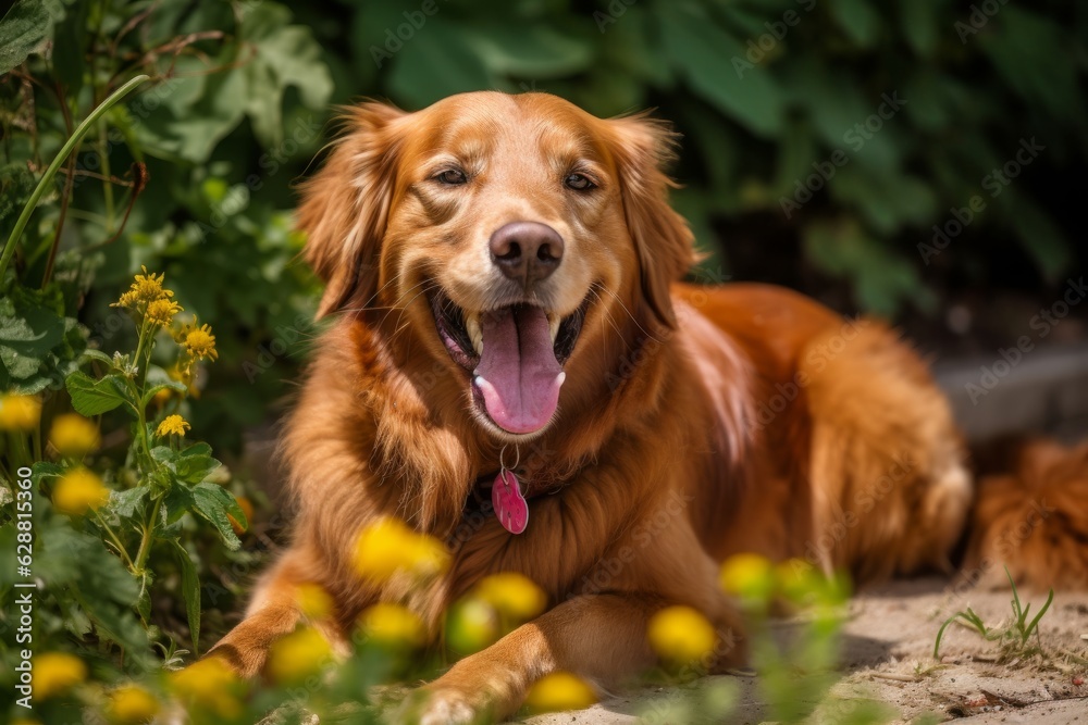 summer suburban portrait of a happy dog outside in a neighborhood yard summer suburban portrait of a happy dog outside in a neighborhood yard
