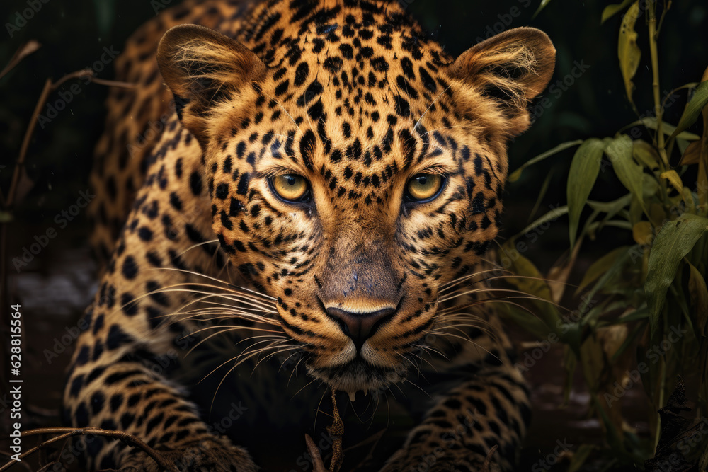 Obraz premium Close-up of black spotted yellow Leopard with yellow big eyes. Generative ai