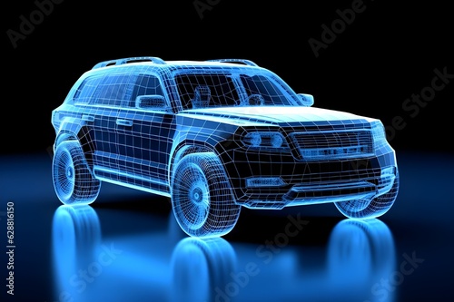 Suv car blue wire frame isolated on a black background, blueprints. 3d render SUv car blue wireframe. 