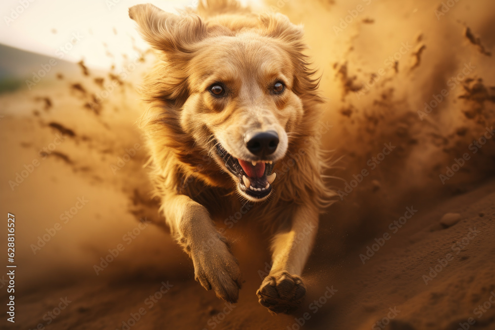 Close-up image of Golden Retriever dog running on the ground in brown tones. Generative ai