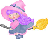 Cute whimsical pink Halloween color Witch on flying broom Doodle in Cartoon  watercolor illustration