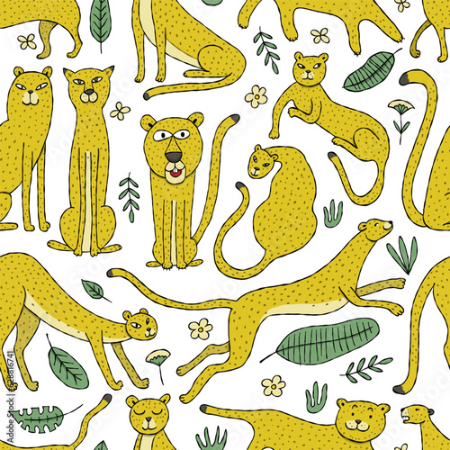 Cute yellow leopards family, seamless pattern background