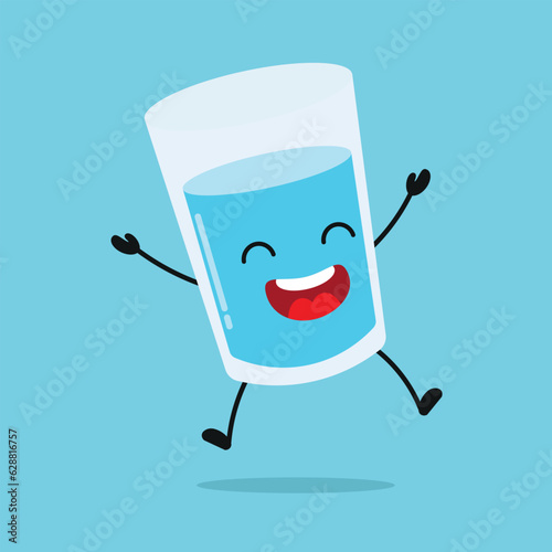 Cute happy water glass character. Funny jump glass cartoon emoticon in flat style. water emoji vector illustration