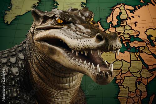 Crocodile on the background of the world map. On the background of the map of Africa. AI Generated