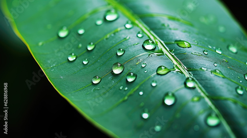 Close up of big rain water drops on green hard leafed plant, nature background. Generative ai