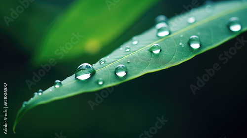 Close up of big clean water drops on green plant leaf, environmental background. Generative ai