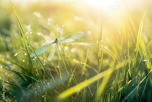 Beautiful wide of a morning in nature with dragonfly