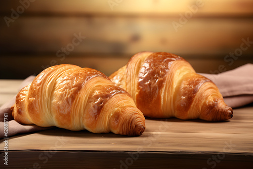 Promotional commercial photo of Two croissants on a dark background created with Generative AI technology
