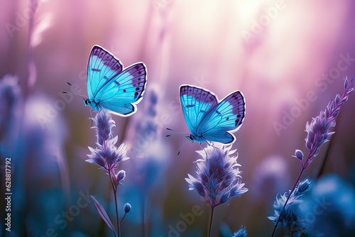 Wild light blue flowers in field and two fluttering butterfly with defocused background © SaraY Studio 