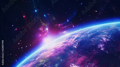 Planet Over Glowing Nebula on Colorful Space Background