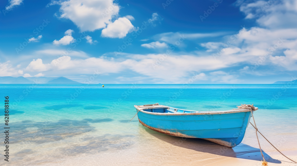 Blue boat background on white sand against blue sky nature landscape. Generative ai
