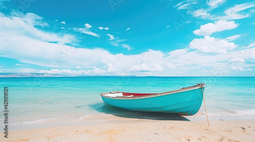 Blue boat background on white sand against blue sky view. Generative ai