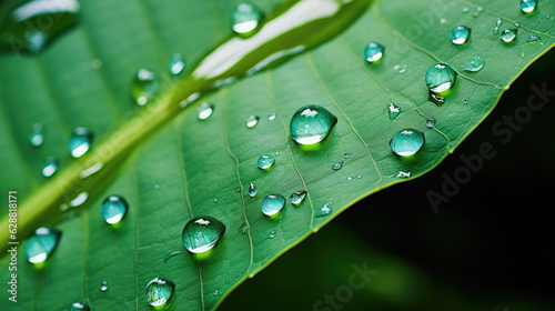 Big raindrops close up on green leaves, nature background. Generative ai