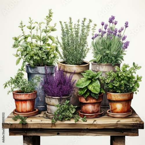 Herb Pots with Basil, Rosemary, and Thyme Planted Clipart