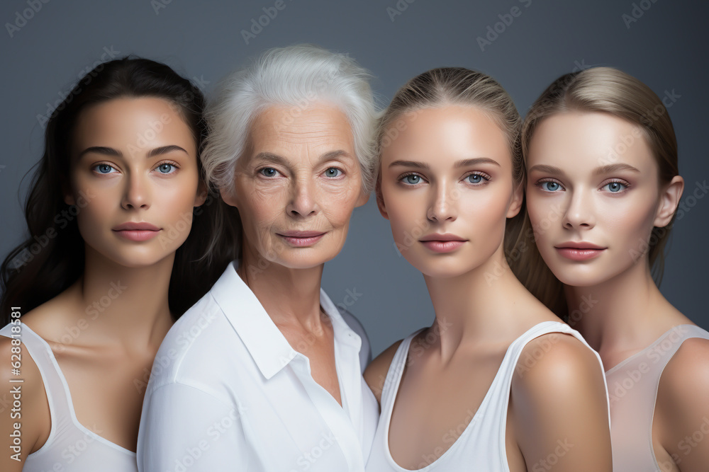 Obraz premium Close-up Group of Models of Various Ages with Beautiful and Well-Nourished Skin Symbolizing the Long-Lasting Effects of Skin Care Products. A Testament to Long Lasting Skincare Results.