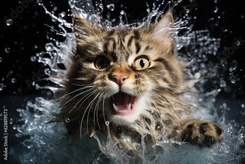Big-eyed cat in black, white and brown colors in splashing water, splashing water theme. Generative ai