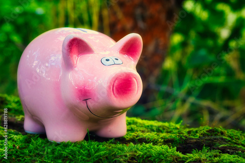 Piggy Bank with Moss - Money - Investment - Concept - Moss - Green - Background - Save - Wood - Ecology - Invest - Pig - Sweet - Cute - Pink - Outside