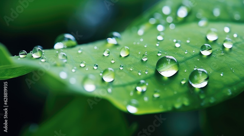 Big water drops on green leaf, sun defocused macro shot, nature landscape background. Generative ai
