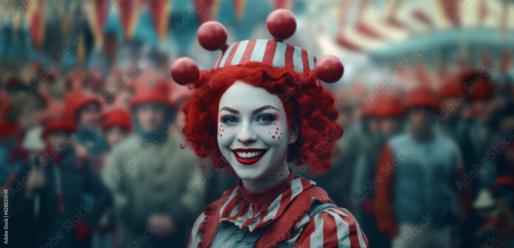 A smiling pretty woman wearing clown makeup at a community fair or carnival.