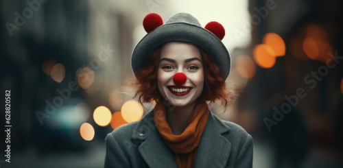 A smiling woman in clown makeup, standing on the street and wearing a red nose for Red Nose Day