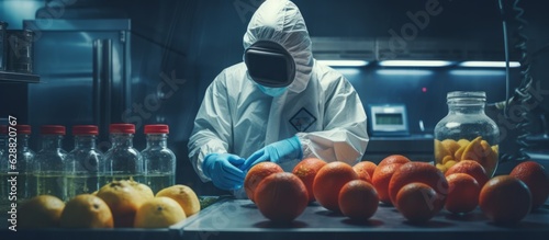 A scientist performing experiments on fruit. Wearing full body PPE during a plague or pandemic.  photo