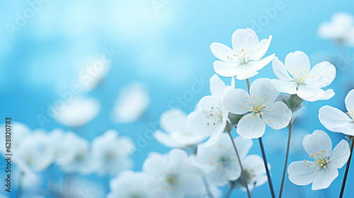 Beautiful white primroses and turquoise background, nature landscape concept. Generative ai