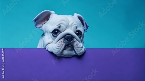 french bulldog cute puppy peeks through a purple and light blue background wall
