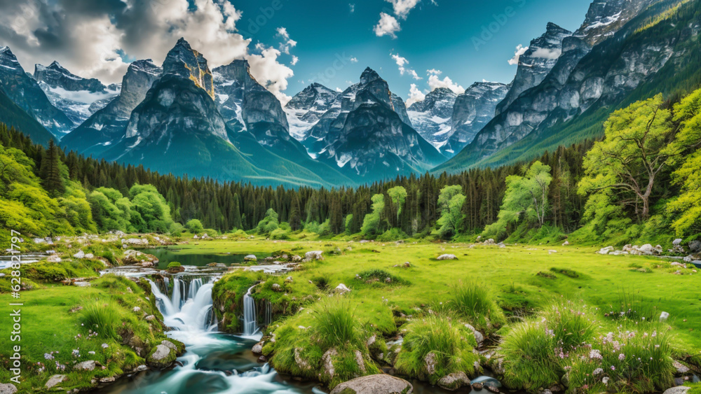 Beautiful view captures a picturesque scene of a lush green forest, extending to a serene meadow, with a waterfall and a big mountain.