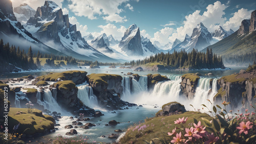 Beautiful view presents a breathtaking tableau of a serene lake surrounded by lush forests with cascading waterfalls adding to the enchantment while majestic snow capped mountains in the background.