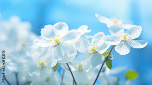 Beautiful spring landscape of white primroses on blue background, close-up. Generative ai